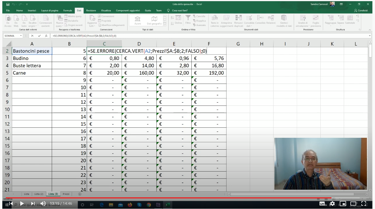 Excel ITA - Lezione 8: Lista della spesa 2 (Convalida, Cerca verticalmente, Se.errore)